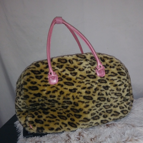 Tan Leopard Fur Pull Along Travel Bag Pink Trim - Picture 1 of 5